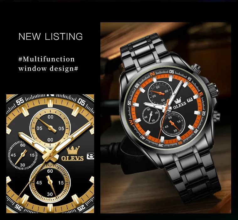 Picture of Olevs TY713G Black Stainless Steel Chronograph Wrist Watch For Men - Red & Black