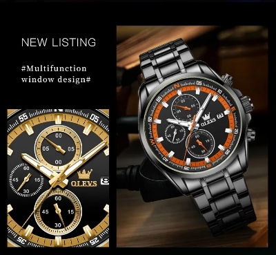 Picture of Olevs TY713G Black Stainless Steel Chronograph Wrist Watch For Men - Red & Black