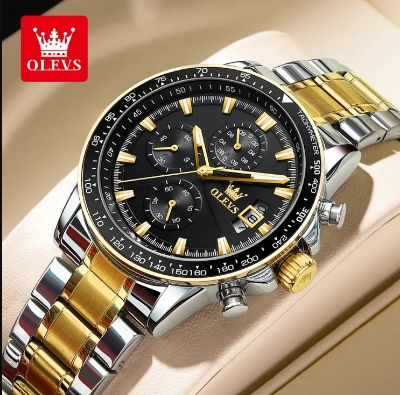 Picture of Olevs TY705G Silver & Golden Stainless Steel Chronograph Wrist Watch For Men - Black Silver & Golden