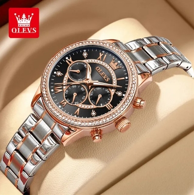 Picture of Olevs TY715F Silver & RoseGold Stainless Steel Chronograph Wrist Watch For Women - Black Silver & RoseGold