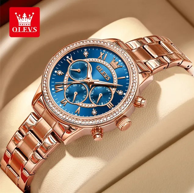 Picture of Olevs TY715F RoseGold Stainless Steel Chronograph Wrist Watch For Women - RoyalBlue & RoseGold