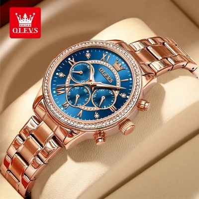 Picture of Olevs TY715F RoseGold Stainless Steel Chronograph Wrist Watch For Women - RoyalBlue & RoseGold