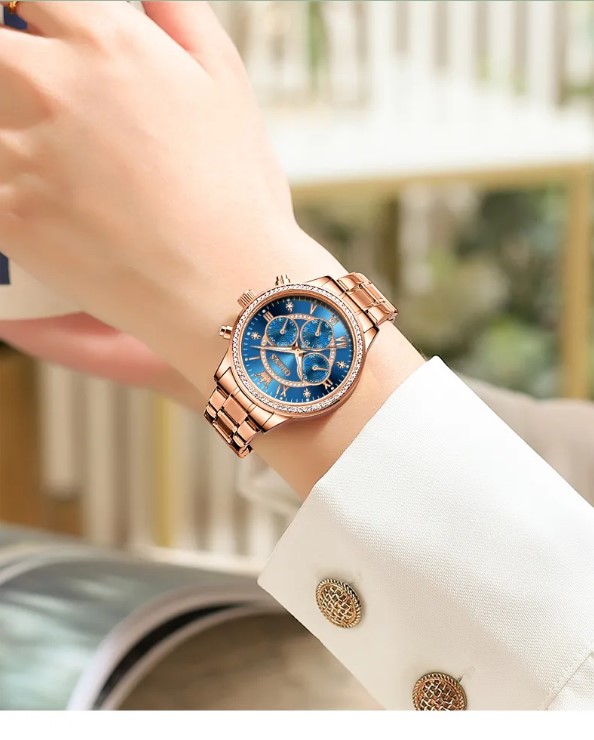 Picture of Olevs TY715F RoseGold Stainless Steel Chronograph Wrist Watch For Women - RoyalBlue & RoseGold