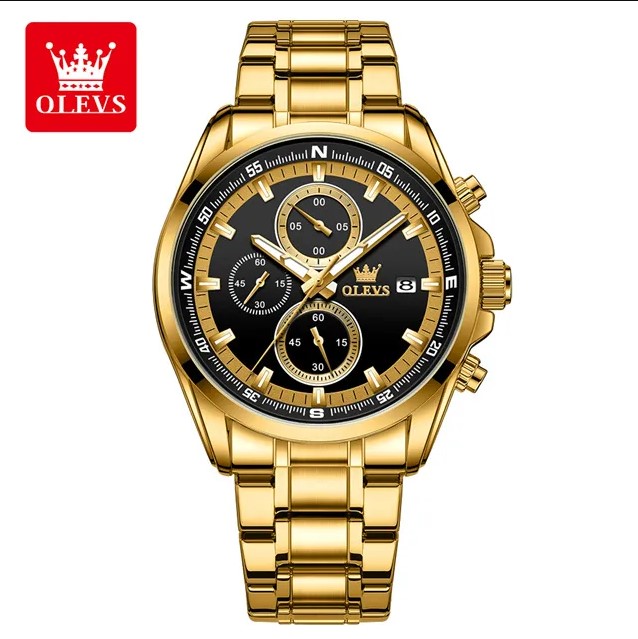 Picture of Olevs TY713G Golden Stainless Steel Chronograph Wrist Watch For Men - Black & Golden
