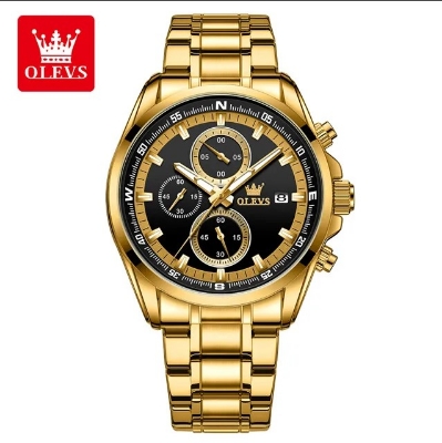 Picture of Olevs TY713G Golden Stainless Steel Chronograph Wrist Watch For Men - Black & Golden