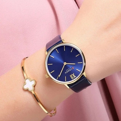 Picture of CURREN 9040F PU Leather Analog Watch for Women - Navy Blue & Golden