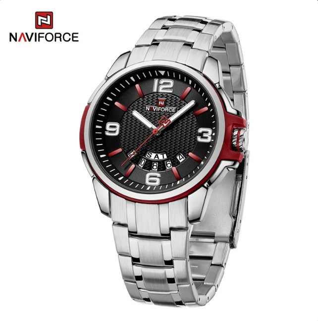 Picture of Naviforce NF9215S Stainless Steel Analog Calender Watch For Men’s -Silver Black & Red