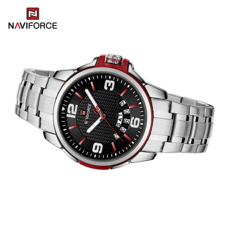 Picture of Naviforce NF9215S Stainless Steel Analog Calender Watch For Men’s -Silver Black & Red