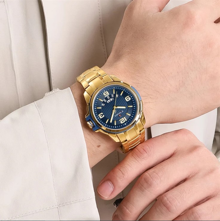 Picture of Naviforce NF9215S Stainless Steel Analog Calender Watch For Men’s -Golden & Royal Blue