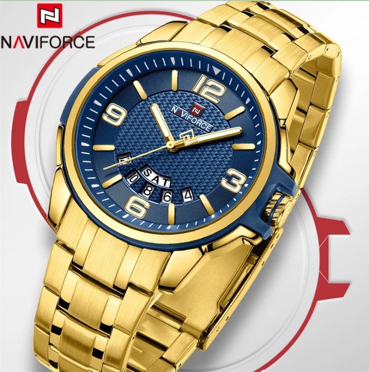 Picture of Naviforce NF9215S Stainless Steel Analog Calender Watch For Men’s -Golden & Royal Blue