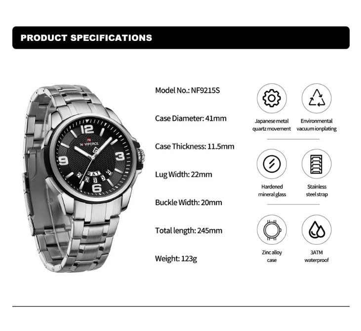 Picture of Naviforce NF9215S Stainless Steel Analog Calender Watch For Men’s -Silver & Black