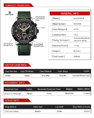 Picture of NAVIFORCE NF8055L PU Leather Chronograph Watch For Men’s – Green Silver & Black