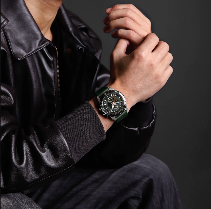 Picture of NAVIFORCE NF8055L PU Leather Chronograph Watch For Men’s – Green Silver & Black