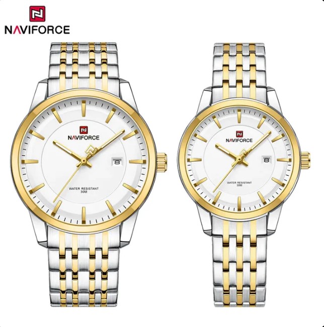Picture of NAVIFORCE NF9228C Stainless Steel Waterproof Couple Watch – White Silver & Golden