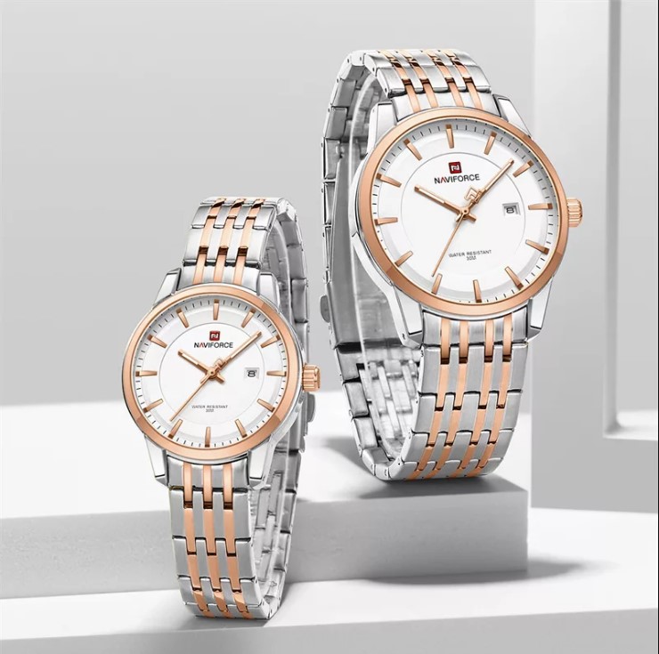 Picture of NAVIFORCE NF9228C Stainless Steel Waterproof Couple Watch – White Silver & RoseGold
