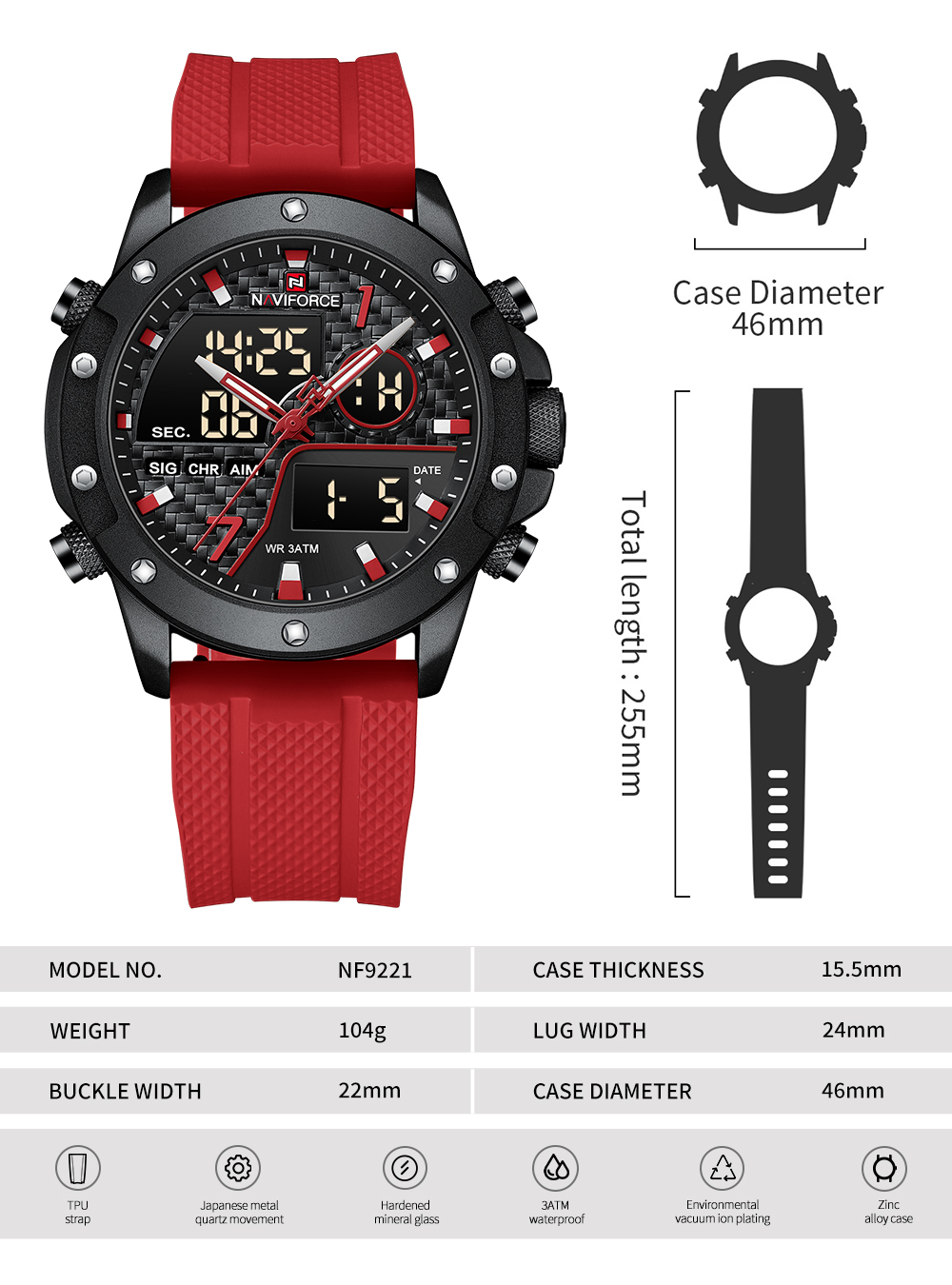 Picture of NAVIFORCE NF9221 Men’s Fashionable and Dynamic Watch with TPU Strap Luminous Waterproof Multi-function Date Display Dual Quartz Movement