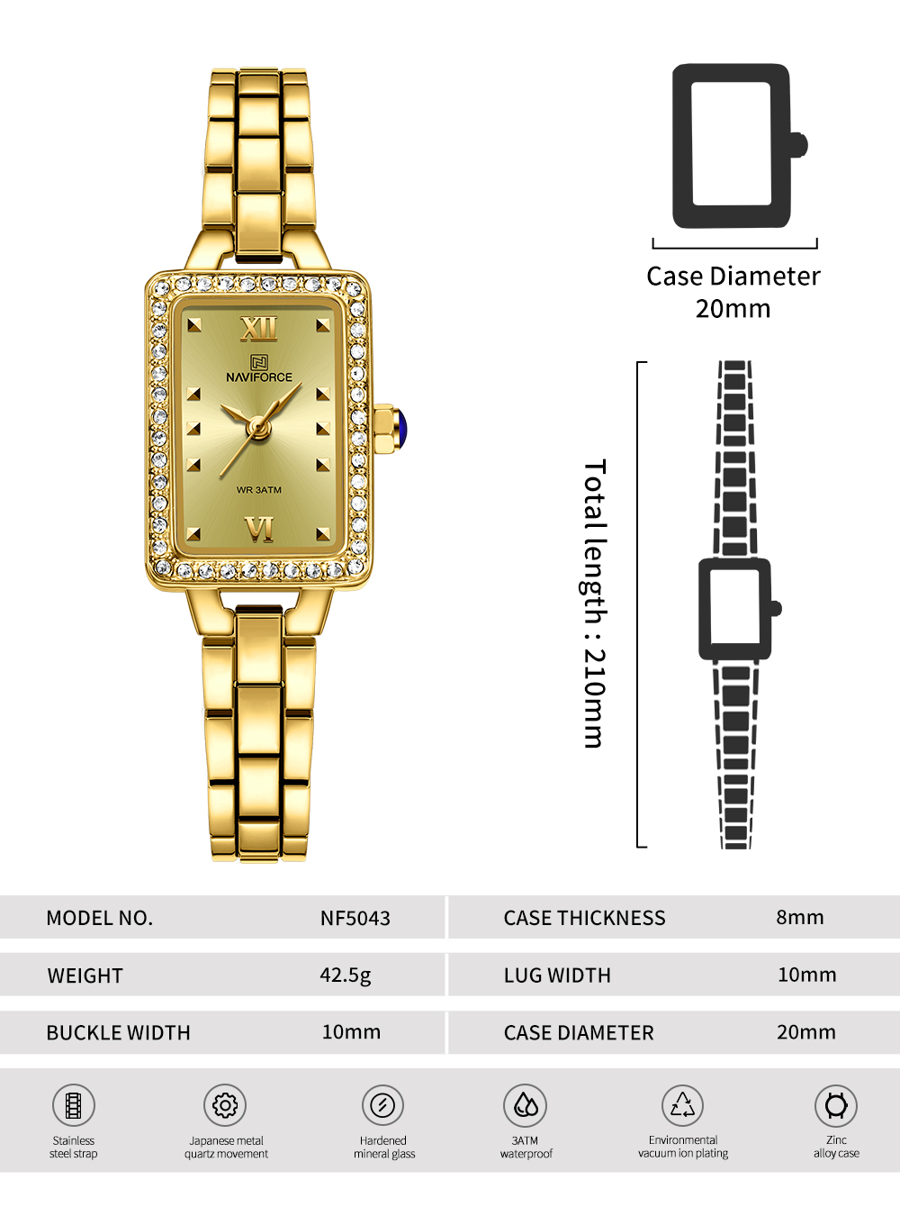 Picture of NAVIFORCE NF5043F Women’s Square Dial Watch Waterproof Steel Strap Quartz Chronograph Retro and Versatile Fashion Watch