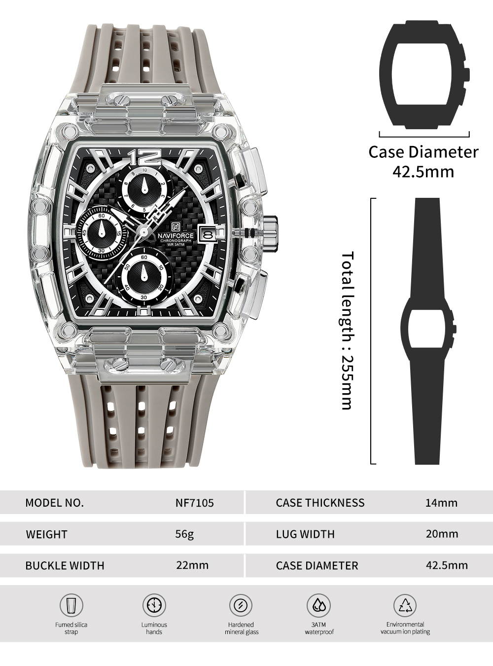 Picture of NAVIFORCE NF7105 Sports Transparent Waterproof Quartz Silicone Multifunctional Chronograph Men Watch