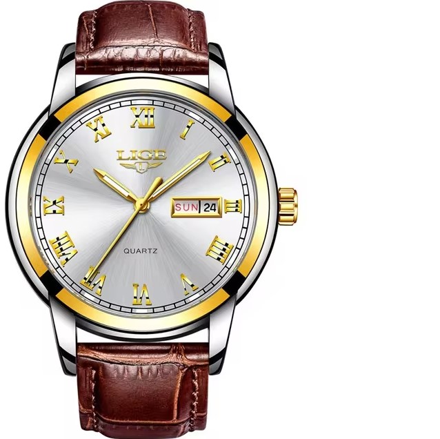 Picture of LIGE LG9846L PU Leather Analog Watch For Men - Silver Golden & Brown