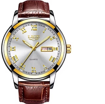 Picture of LIGE LG9846L PU Leather Analog Watch For Men - Silver Golden & Brown