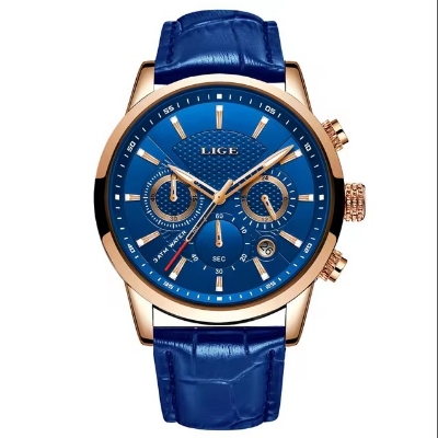 Picture of LIGE LG8932L Black PU Leather Chronograph Watch For Men - RoseGold & RoyalBlue