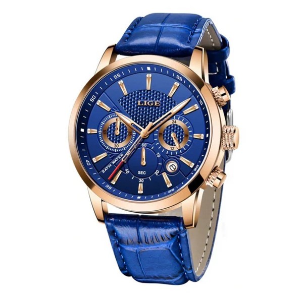 Picture of LIGE LG8932L Black PU Leather Chronograph Watch For Men - RoseGold & RoyalBlue
