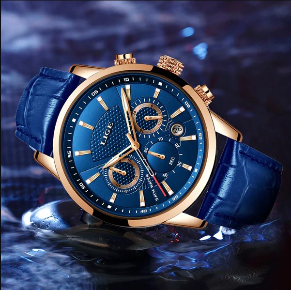Picture of LIGE LG8932L Black PU Leather Chronograph Watch For Men - RoseGold & RoyalBlue