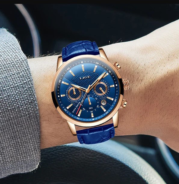 Picture of LIGE LG8932L Black PU Leather Chronograph Watch For Men - RoseGold & RoyalBlue