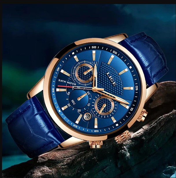 Picture of LIGE LG8932L Black PU Leather Chronograph Watch For Men - RoseGold & RoyalBlue