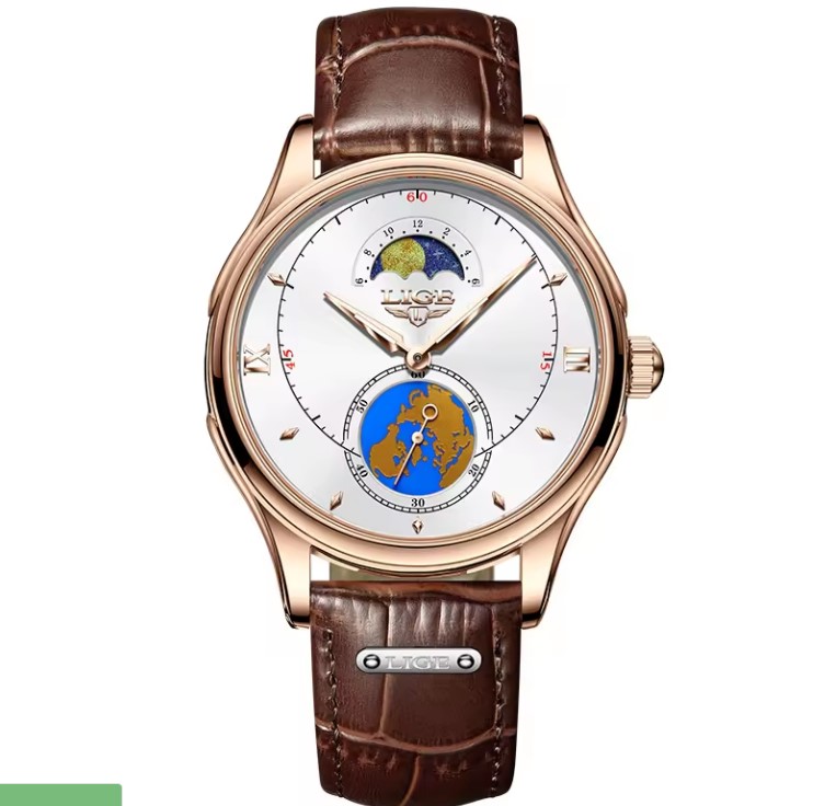 Picture of LIGE LG8952L Luxury PU Leather Quartz Wrist Watch For Men - White RoseGold & Brown