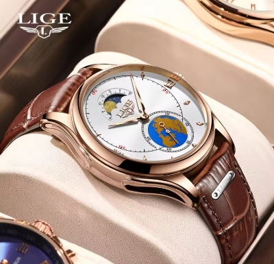 Picture of LIGE LG8952L Luxury PU Leather Quartz Wrist Watch For Men - White RoseGold & Brown