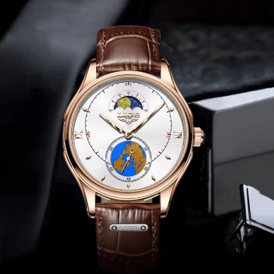 Picture of LIGE LG8952L Luxury PU Leather Quartz Wrist Watch For Men - White RoseGold & Brown