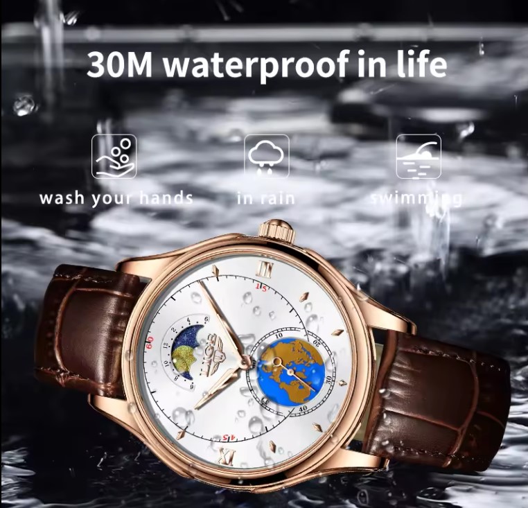 Picture of LIGE LG8952L Luxury PU Leather Quartz Wrist Watch For Men - White RoseGold & Brown