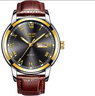 Picture of LIGE LG9846L PU Leather Analog Watch For Men - Black Silver & Brown