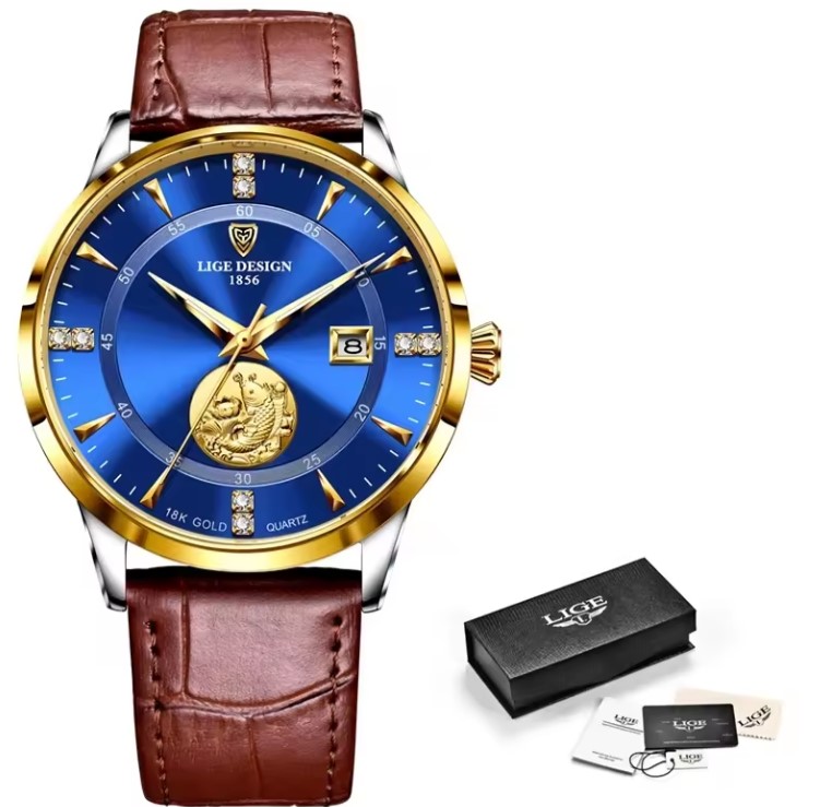 Picture of LIGE LG10050L PU Leather Analog Watch For Men - RoyalBlue Silver & Brown
