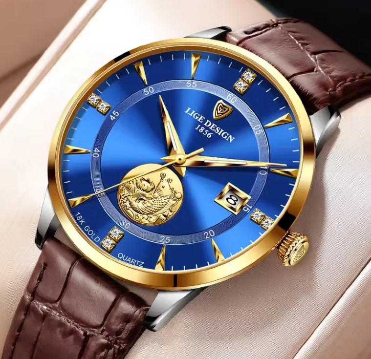 Picture of LIGE LG10050L PU Leather Analog Watch For Men - RoyalBlue Silver & Brown