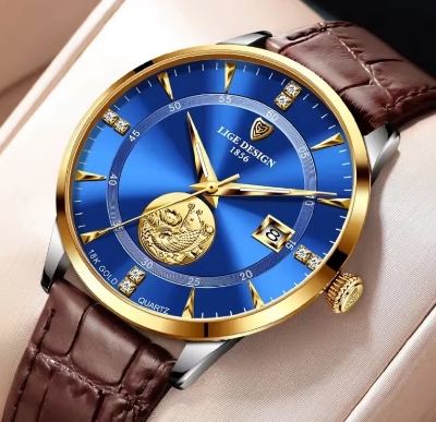 Picture of LIGE LG10050L PU Leather Analog Watch For Men - RoyalBlue Silver & Brown