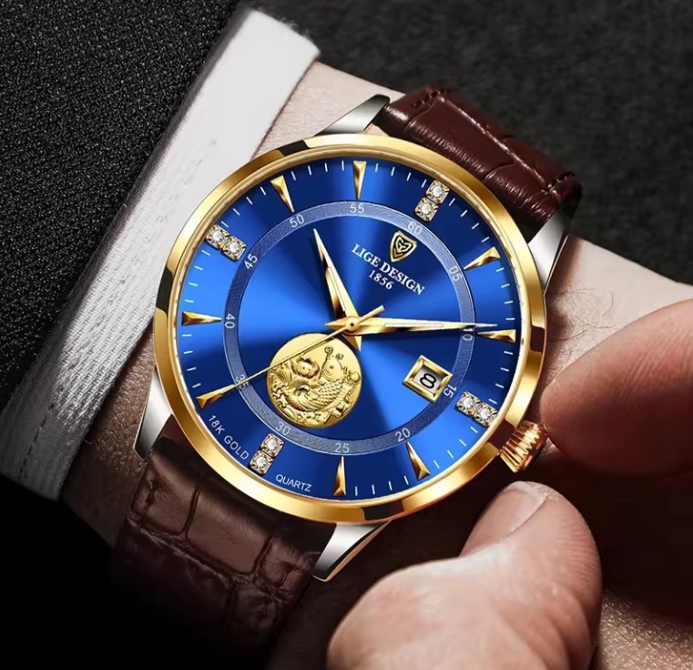 Picture of LIGE LG10050L PU Leather Analog Watch For Men - RoyalBlue Silver & Brown