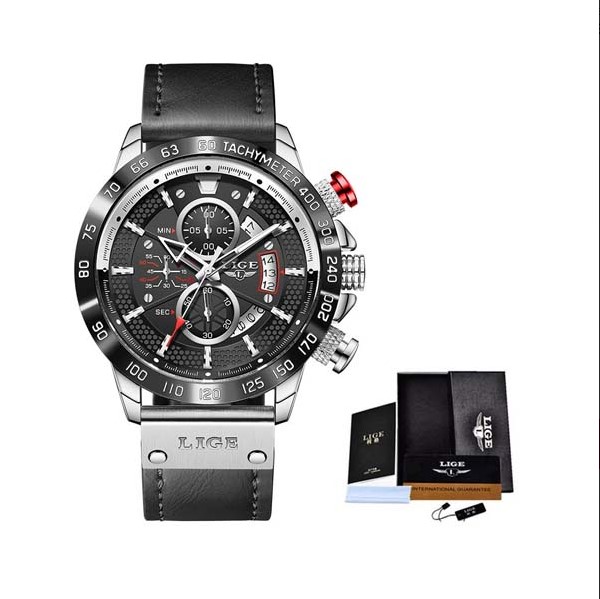 Picture of LIGE LG8932L Black PU Leather Chronograph Watch For Men - Silver & Black