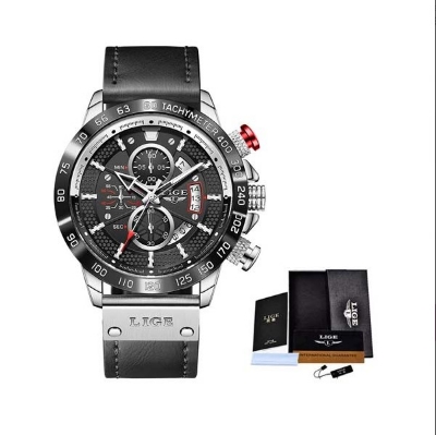 Picture of LIGE LG8932L Black PU Leather Chronograph Watch For Men - Silver & Black