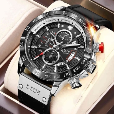 Picture of LIGE LG8932L Black PU Leather Chronograph Watch For Men - Silver & Black