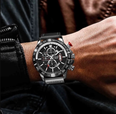 Picture of LIGE LG8932L Black PU Leather Chronograph Watch For Men - Silver & Black