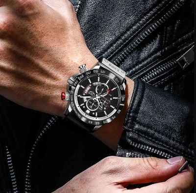 Picture of LIGE LG8932L Black PU Leather Chronograph Watch For Men - Silver & Black