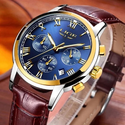Picture of LIGE LG9810L PU Leather Analog Watch For Men – RoyalBlue Silver & Brown