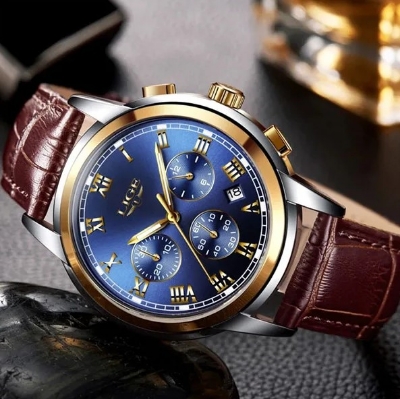 Picture of LIGE LG9810L PU Leather Analog Watch For Men – RoyalBlue Silver & Brown