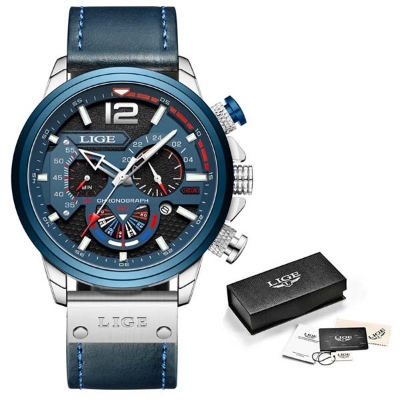 Picture of LIGE LG8959L PU Leather Analog Watch For Men – Silver & RoyalBlue
