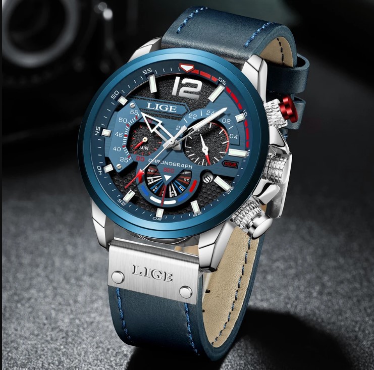 Picture of LIGE LG8959L PU Leather Analog Watch For Men – Silver & RoyalBlue