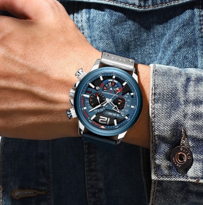 Picture of LIGE LG8959L PU Leather Analog Watch For Men – Silver & RoyalBlue