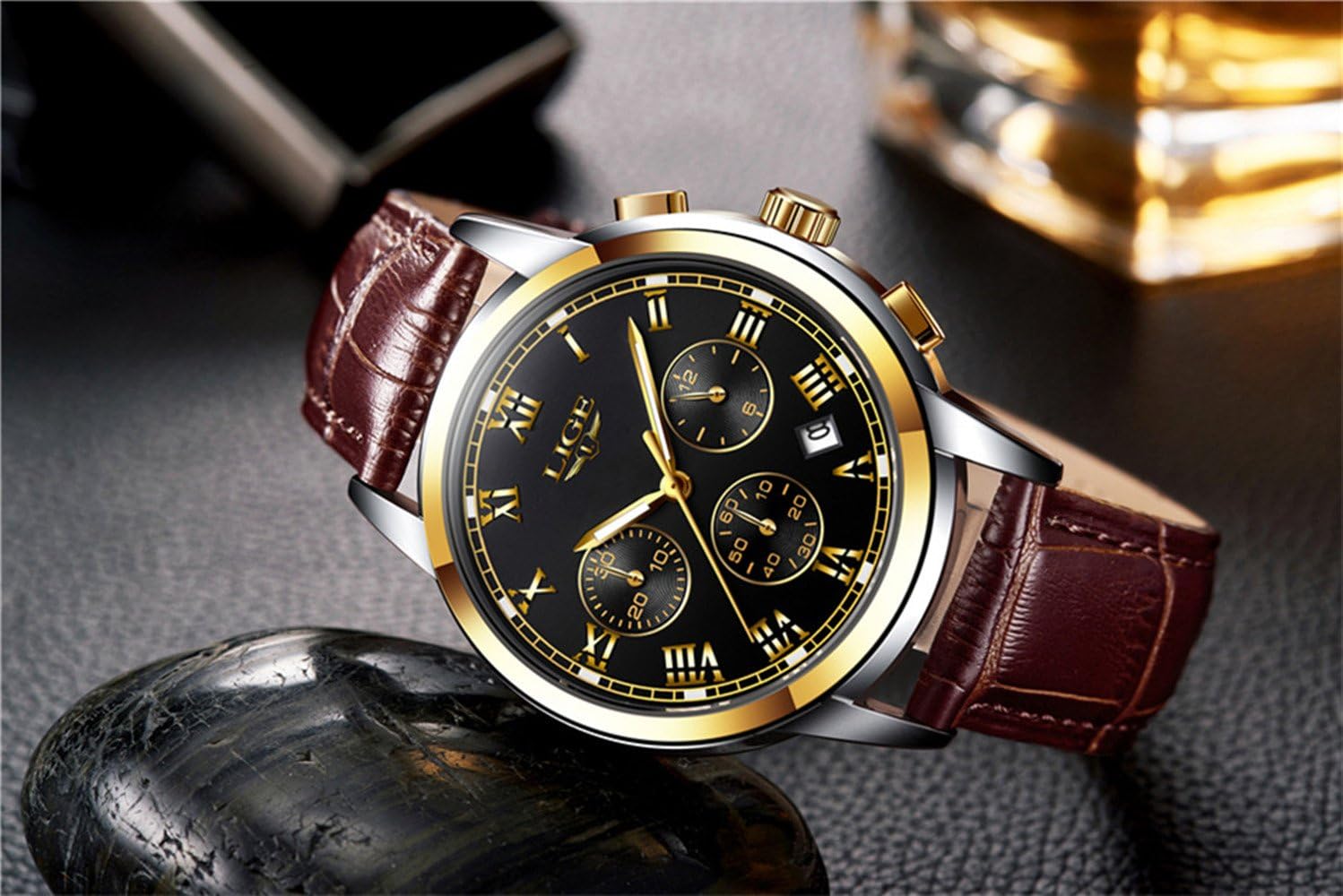 Picture of LIGE LG9810L PU Leather Analog Watch For Men – Black Silver & Brown