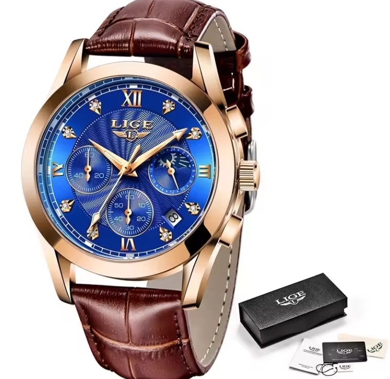 Picture of LIGE LG8912L PU Leather Analog Watch For Men – RoyalBlue RoseGold & Brown